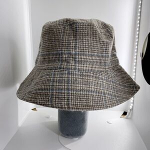 Scala Handmade Bucket Hat Plaid Brown Tan Blue Lined 50/50 Wool Polyester